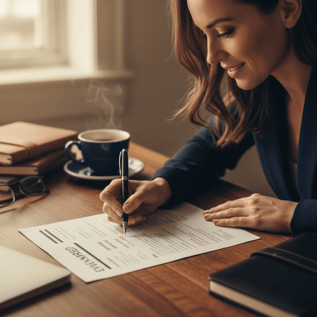 Professional reviewing and annotating resume document at desk