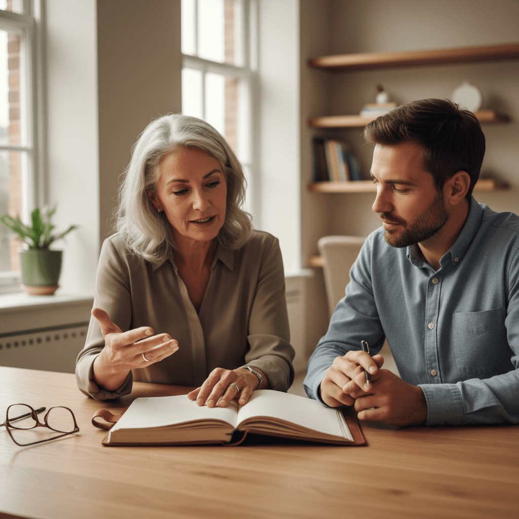 A warm, intimate aesthetic medium shot of Emily Mucken in a Seattle tech office environment, seated at a consultation table with a laptop and notes, gesturing during an advisory conversation.